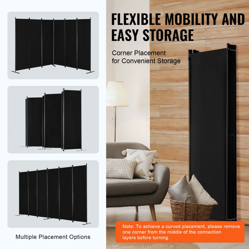 VEVOR Room Divider, 6 Panel Room Divider, Folding Privacy Screen and Portable Partition Divider for Room Separation, Freestanding Room Partitions for Office, Bedroom, Study, Black
