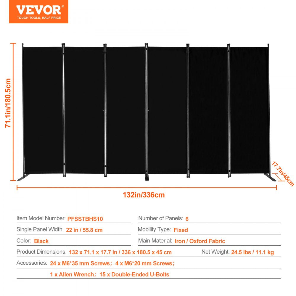 VEVOR Room Divider, 6 Panel Room Divider, Folding Privacy Screen and Portable Partition Divider for Room Separation, Freestanding Room Partitions for Office, Bedroom, Study, Black