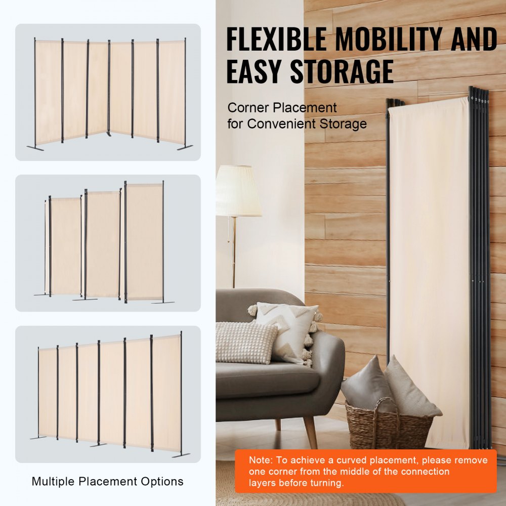 VEVOR Room Divider, 6 Panel Room Divider, Folding Privacy Screen and Portable Partition Divider for Room Separation, Freestanding Room Partitions for Office, Bedroom, Study, Beige