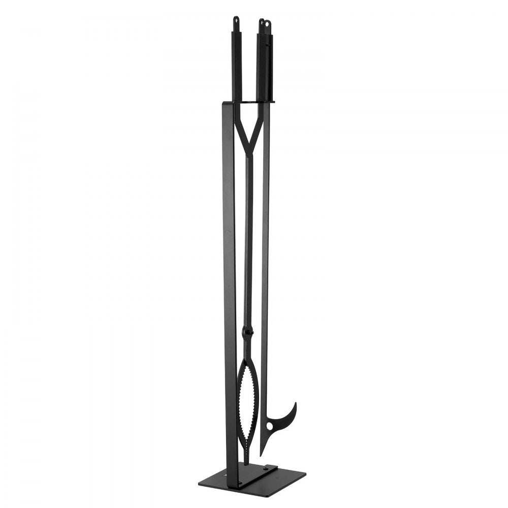 VEVOR Fireplace Tool Set, 3 PCS Fire Tool Set and Holder with Stand, Tongs, Fire Place Poker, Wrought Iron Fireplace Accessories for Campfire Backyard Bonfire Indoor/Outdoor, Black
