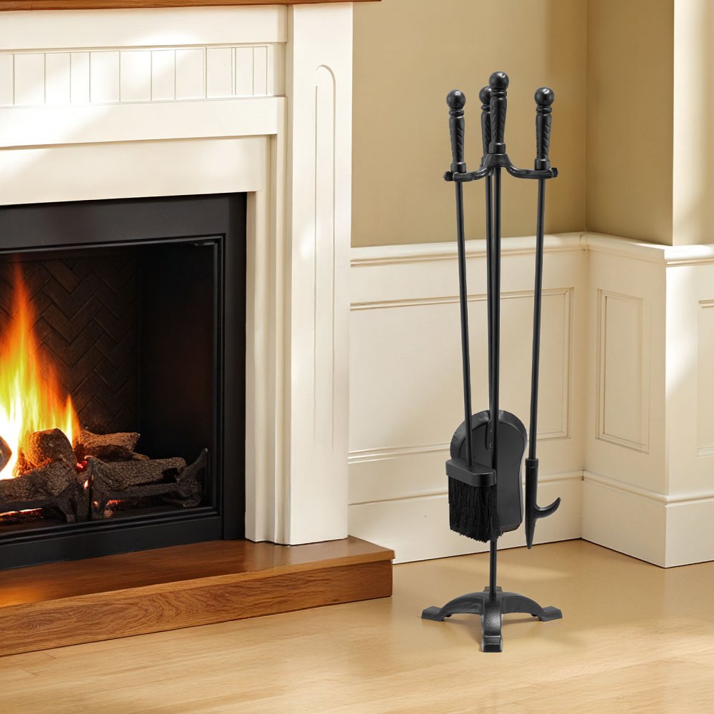 VEVOR Fireplace Tool Set, 4 PCS Fire Tool Set and Holder with Three-Prong Stand, Ash Shovel, Brush, Fire Place Poker, Wrought Iron Fireplace Accessories for Campfire Indoor/Outdoor, Black