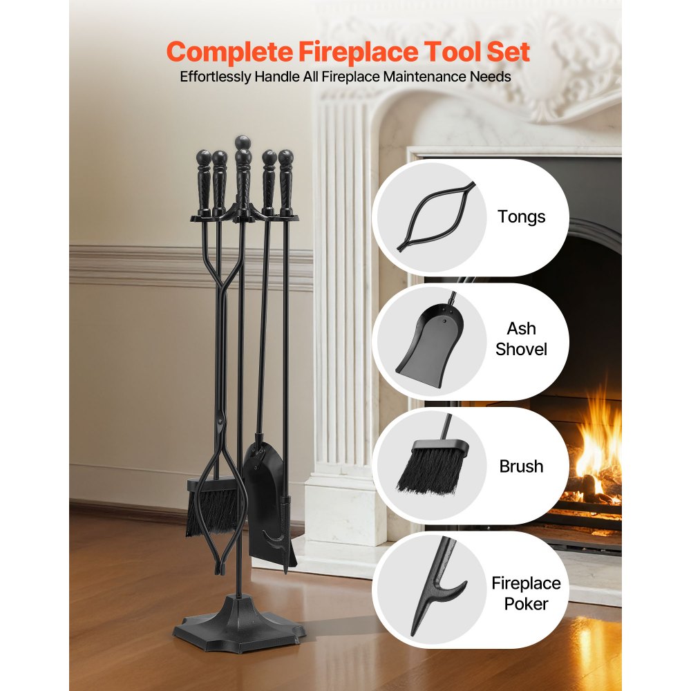 VEVOR Fireplace Tool Set, 5 PCS Fire Tool Set and Holder with Five-Prong Stand, Tongs, Ash Shovel, Brush, Fire Place Poker, Wrought Iron Fireplace Accessories for Campfire Indoor/Outdoor, Black