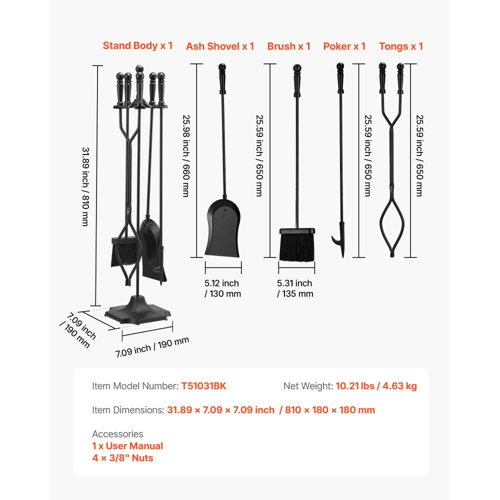 VEVOR Fireplace Tool Set, 5 PCS Fire Tool Set and Holder with Five-Prong Stand, Tongs, Ash Shovel, Brush, Fire Place Poker, Wrought Iron Fireplace Accessories for Campfire Indoor/Outdoor, Black