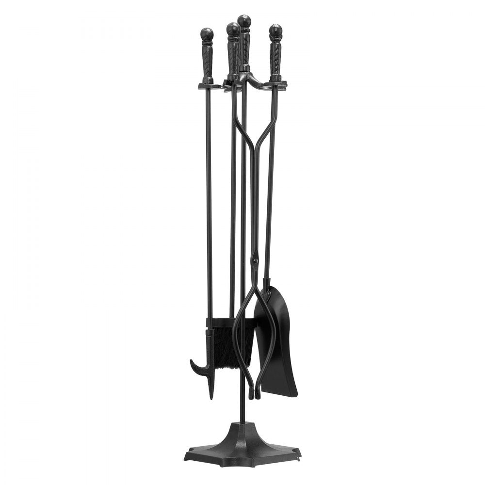 VEVOR Fireplace Tool Set, 5 PCS Fire Tool Set and Holder with Five-Prong Stand, Tongs, Ash Shovel, Brush, Fire Place Poker, Wrought Iron Fireplace Accessories for Campfire Indoor/Outdoor, Black