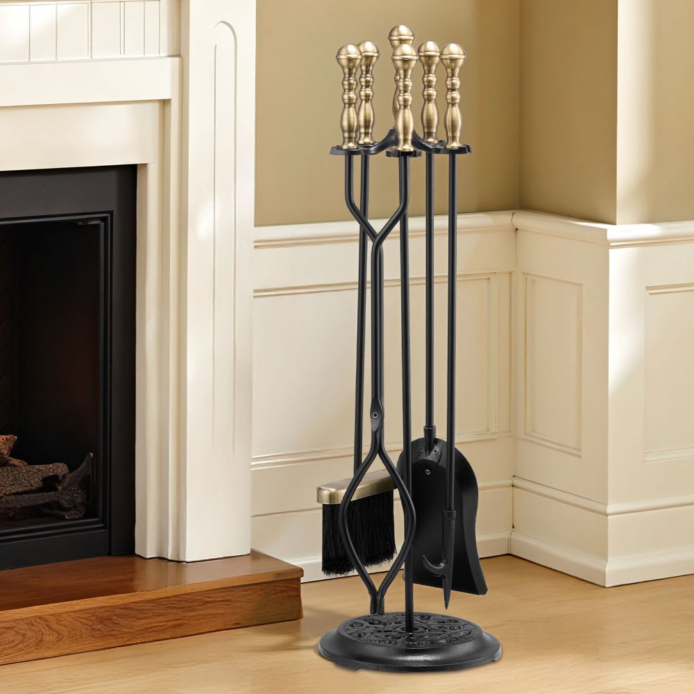 VEVOR Fireplace Tool Set, 5 PCS Fire Tool Set and Holder with Five-Prong Stand, Tongs, Ash Shovel, Brush, Fire Place Poker, Wrought Iron Fireplace Accessories for Indoor/Outdoor, Black & Brass