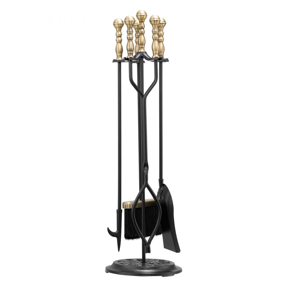 VEVOR Fireplace Tool Set, 5 PCS Fire Tool Set and Holder with Five-Prong Stand, Tongs, Ash Shovel, Brush, Fire Place Poker, Wrought Iron Fireplace Accessories for Indoor/Outdoor, Black & Brass