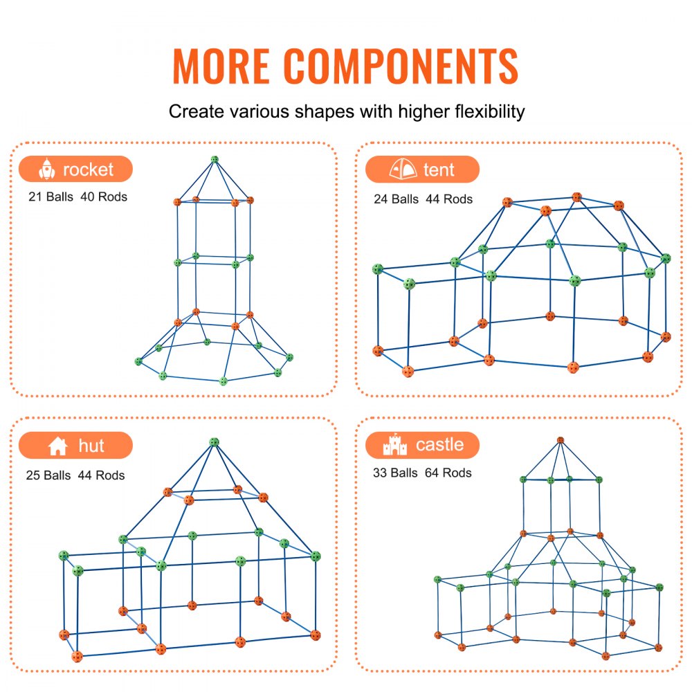 VEVOR Fort Building Kit for Kids, 120PCS STEM Building Toys, Educational Gift for 4 5 6 7 8+ Year Old Boys & Girls, Indoor Outdoor Play Tent Builder Set Construction Toys with 80 Rods and 40 Balls