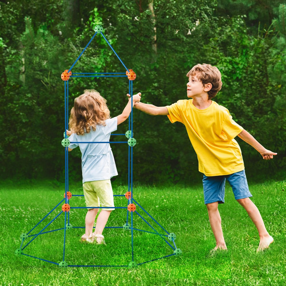 VEVOR Fort Building Kit for Kids, 120PCS STEM Building Toys, Educational Gift for 4 5 6 7 8+ Year Old Boys & Girls, Indoor Outdoor Play Tent Builder Set Construction Toys with 80 Rods and 40 Balls