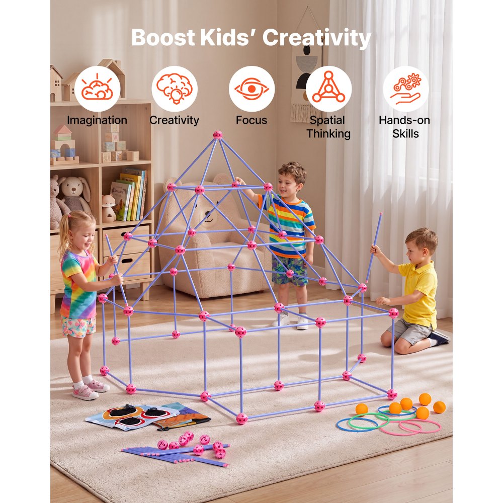VEVOR Fort Building Kit for Kids, 140 PCS Creative STEM Construction Toys, for 4 5 6 7 8+ Year Old Boys Girls, Upgraded Balls, Ring & Ball Toss, Educational Activity, Indoor Outdoor Play, Storage Bag