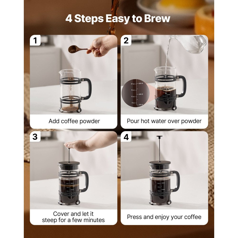 VEVOR French Press Coffee Maker, 34 Ounce 1 Liter Borosilicate Glass Coffee Press Tea Maker with Stainless Steel Filter, Large Glass French Presses Cold Brew for Camping Travel Home Kitchen, Silver