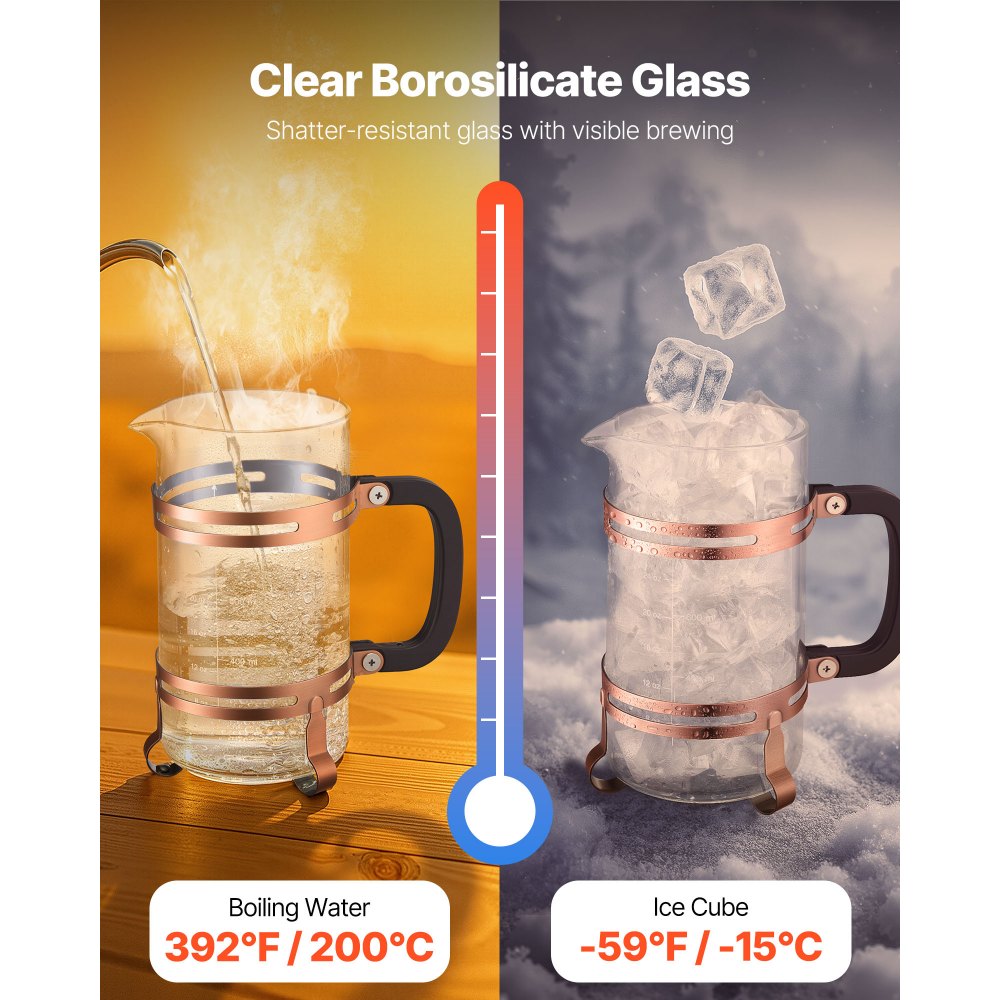 VEVOR French Press Coffee Maker, 34 Ounce 1 Liter Borosilicate Glass Coffee Press Tea Maker with Stainless Steel Filter, Large Glass French Presses Cold Brew for Camping Travel Home Kitchen, Copper