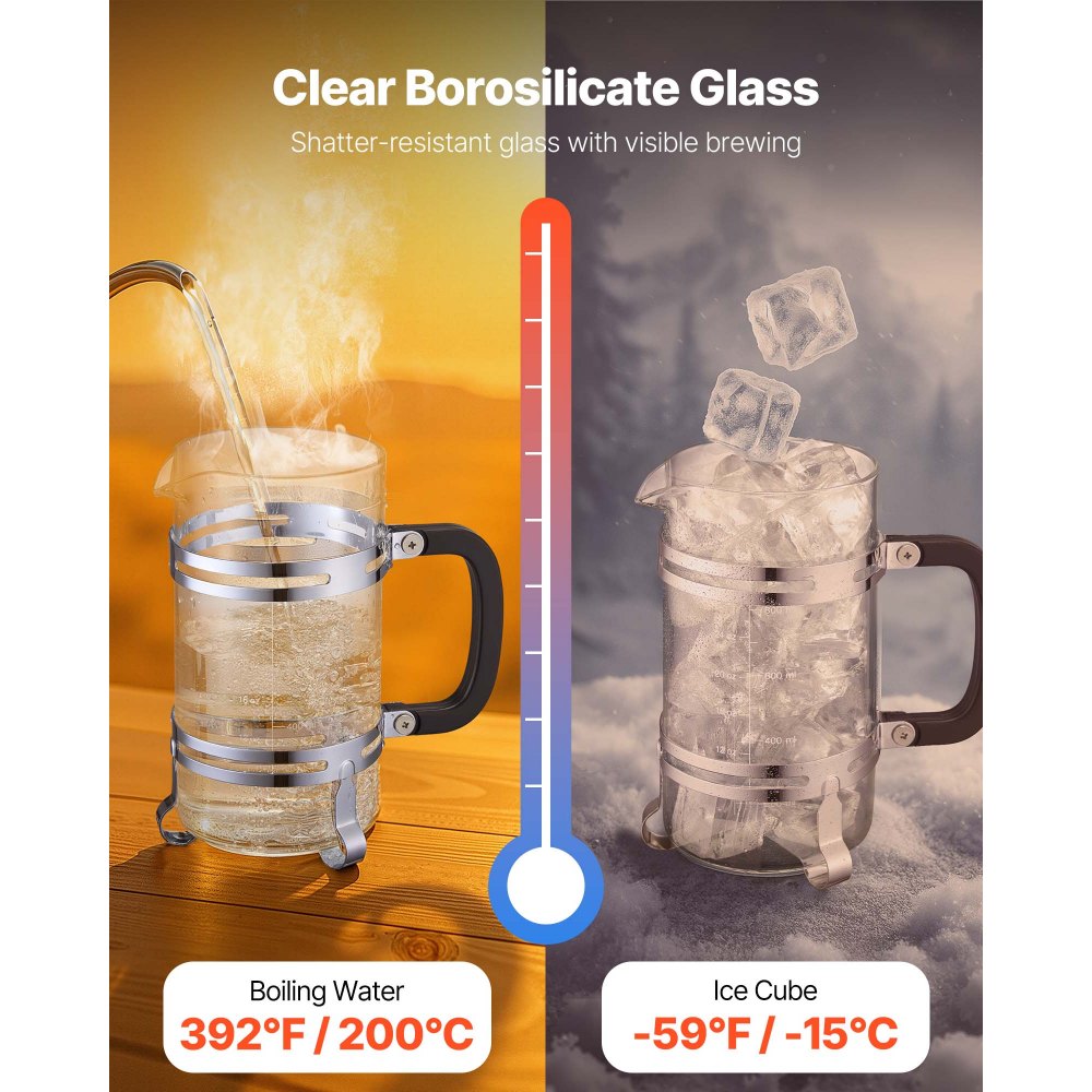 VEVOR French Press Coffee Maker, 34 Ounce 1 Liter Borosilicate Glass Coffee Press Tea Maker with Stainless Steel Filter, Large Glass French Presses Cold Brew for Camping Travel Home Kitchen, Silver