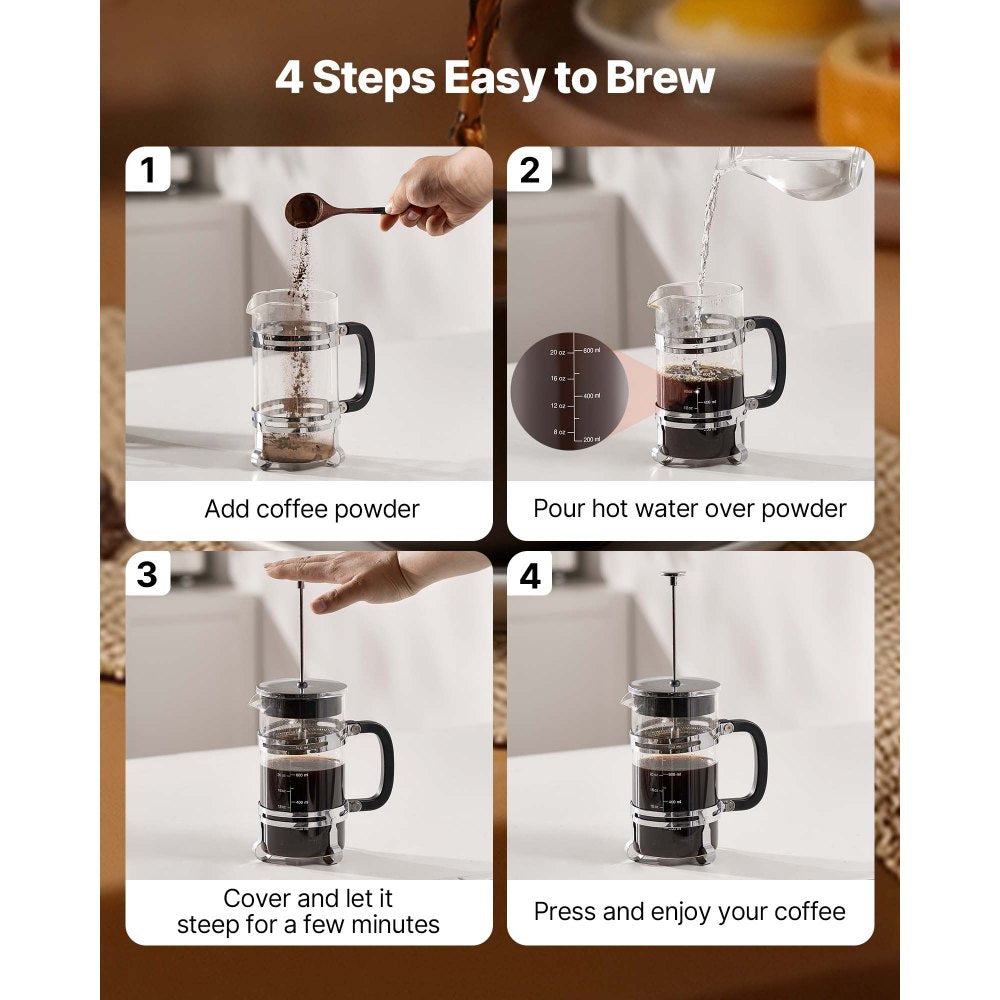 VEVOR French Press Coffee Maker, 34 Ounce 1 Liter Borosilicate Glass Coffee Press Tea Maker with Stainless Steel Filter, Large Glass French Presses Cold Brew for Camping Travel Home Kitchen, Silver