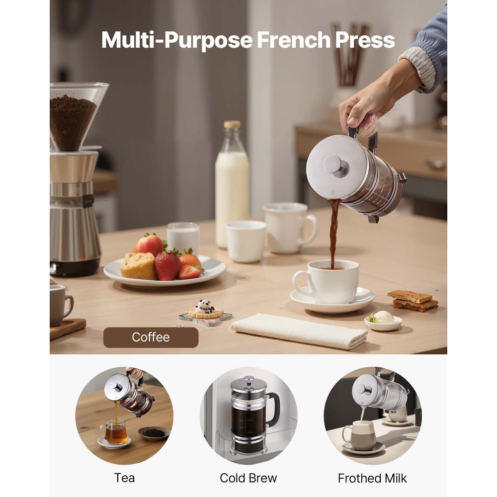 VEVOR French Press Coffee Maker, 34 Ounce 1 Liter Borosilicate Glass Coffee Press Tea Maker with Stainless Steel Filter, Large Glass French Presses Cold Brew for Camping Travel Home Kitchen, Silver