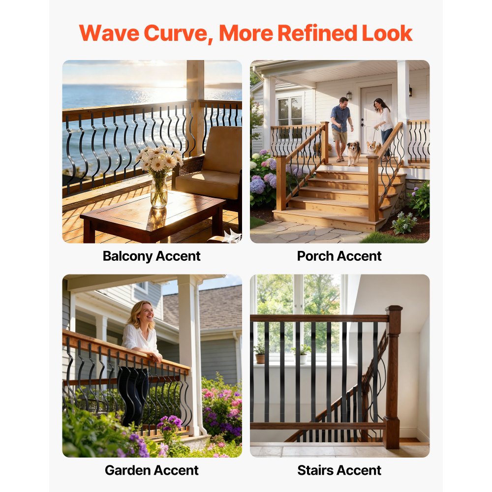 VEVOR 61 Pack Deck Balusters, 32.28 x 1 in Metal Railing Spindles, Galvanized Steel Decking Stair Balusters with Screws, Stylish Wavy Design for Outdoor Deck, Porch & Staircase Railing Fence, Black