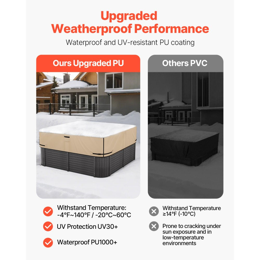 VEVOR Outdoor Hot Tub Cover, 90 x 90 x 20 Inch Weatherproof and Waterproof Hot Tub Cover Protector, 600D Heavy Duty Oxford Fabric and 950N Tearing Strength, Square Spa Covers for Hottub, Brown