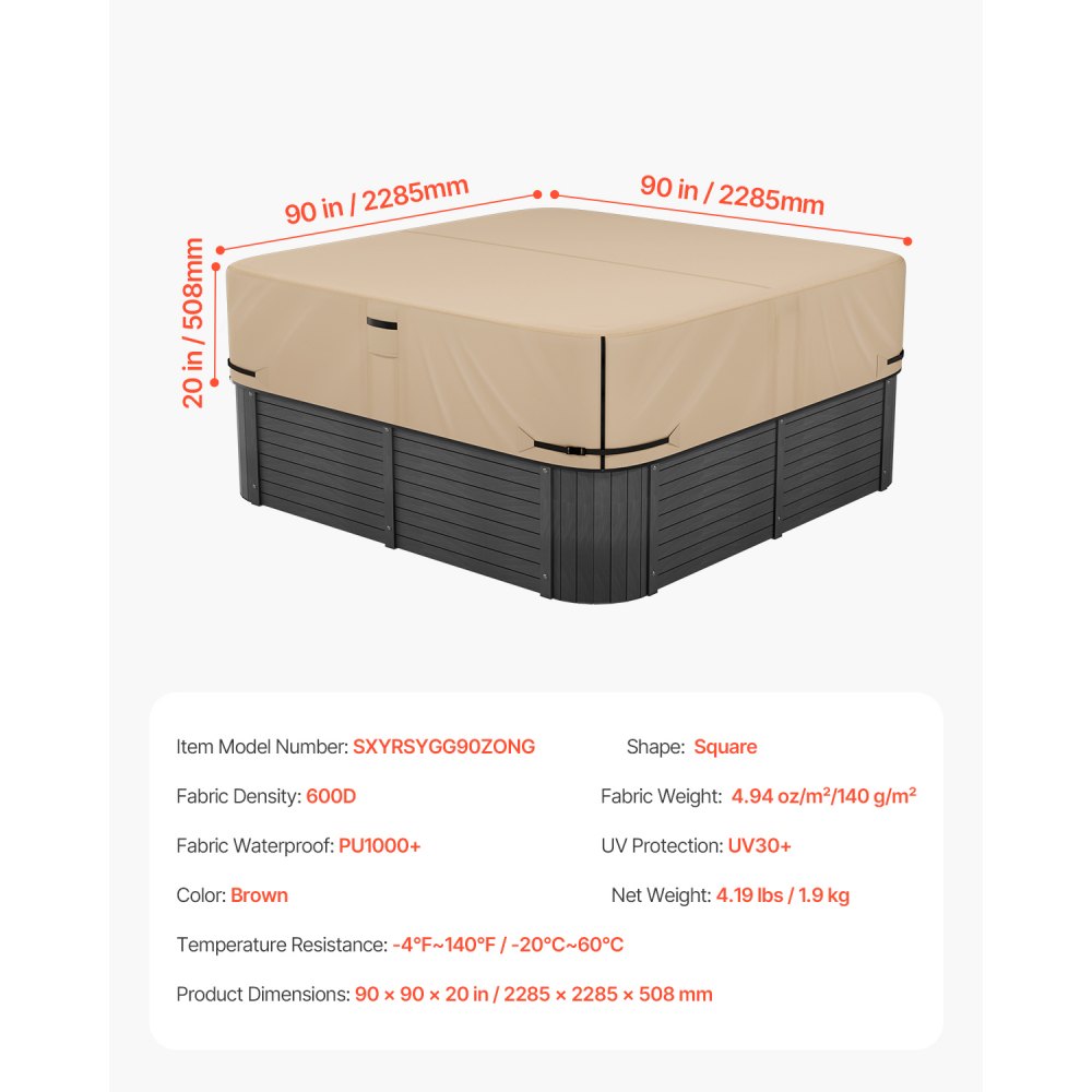 VEVOR Outdoor Hot Tub Cover, 90 x 90 x 20 Inch Weatherproof and Waterproof Hot Tub Cover Protector, 600D Heavy Duty Oxford Fabric and 950N Tearing Strength, Square Spa Covers for Hottub, Brown