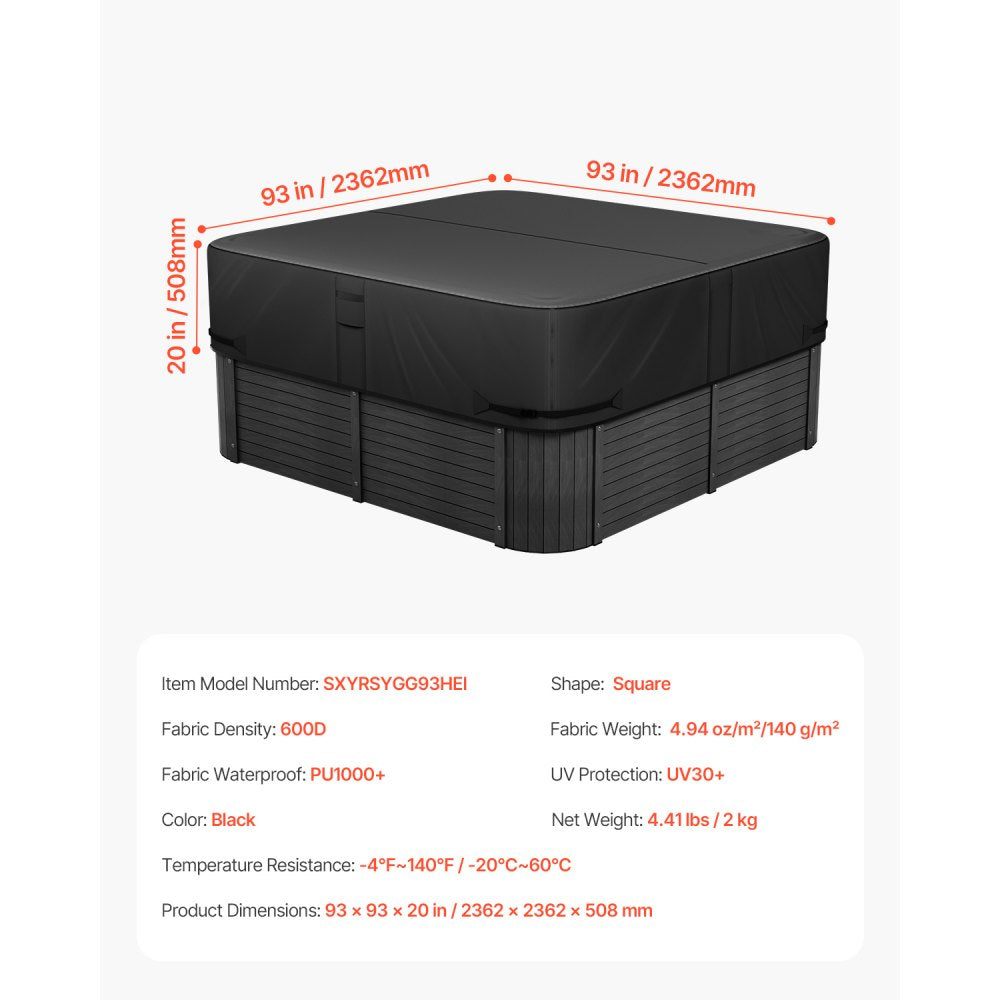 VEVOR Outdoor Hot Tub Cover, 93 x 93 x 20 Inch Weatherproof and Waterproof Hot Tub Cover Protector, 600D Heavy Duty Oxford Fabric and 950N Tearing Strength, Square Spa Covers for Hottub, Black
