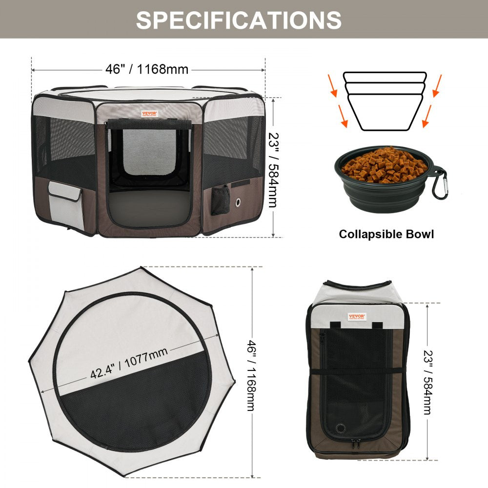 VEVOR Foldable Pet Playpen, 46 inch Portable Dog Playpen, Crate Kennel for Puppy, Dog, Cat, Premium Waterproof 600D Oxford Cloth, Removable Zipper, for Indoor Outdoor Travel Camping Use (Octagon, L)