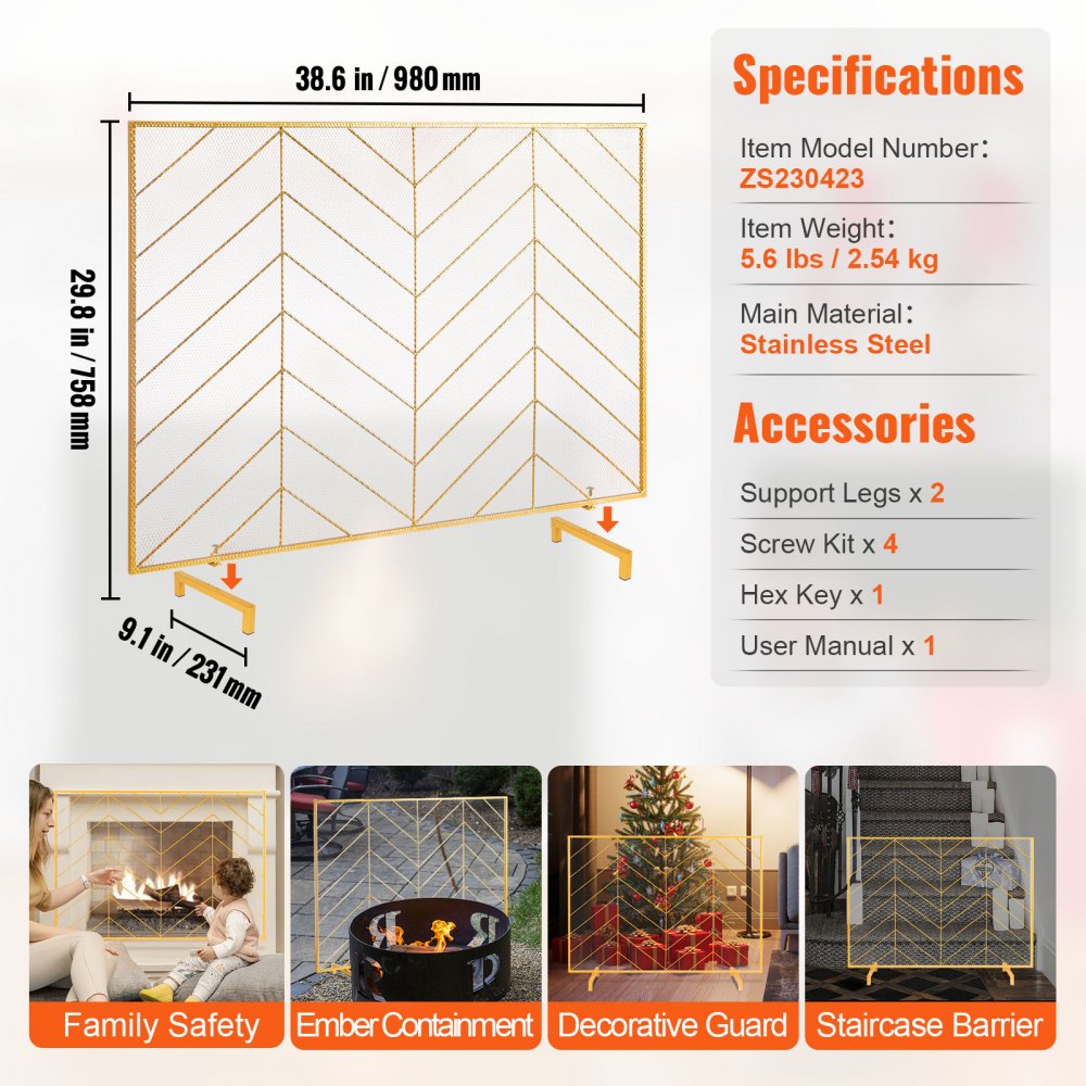 VEVOR Fireplace Screen Single Panel, Sturdy Iron Mesh Fireplace Screen, 38.6"(L) x29.8"(H) Spark Guard Cover, Simple Installation, Free Standing Fire Fence Grate for Living Room Home Decor Modern
