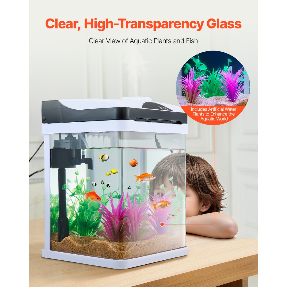 VEVOR Fish Tank Aquarium, 2 Gallon LED Square Ultra-Clear Glass Tank Temperature Monitoring Adjustable 7 Color Lighting, Self Cleaning System Fishbowl for Freshwater & Saltwater Fish Home,Office,Pet