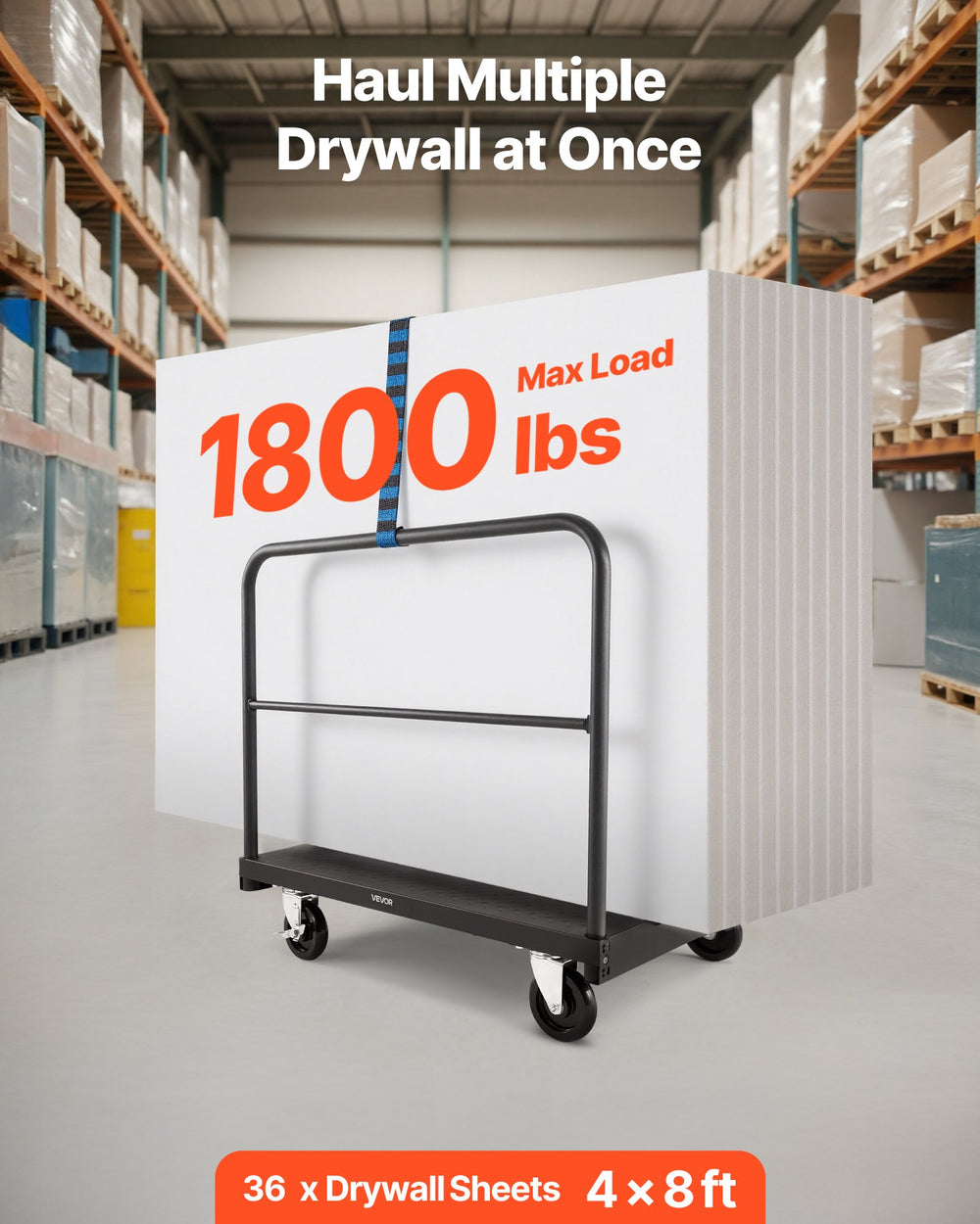 VEVOR Drywall Cart Dolly, 1800 lbs Load Capacity, 2-in-1 Steel Panel Truck Cart with 5 inch Swivel Casters, 36 x 24 inch Platform Truck with 4 Side Handrails for Factory, Warehouse, Garage, Black