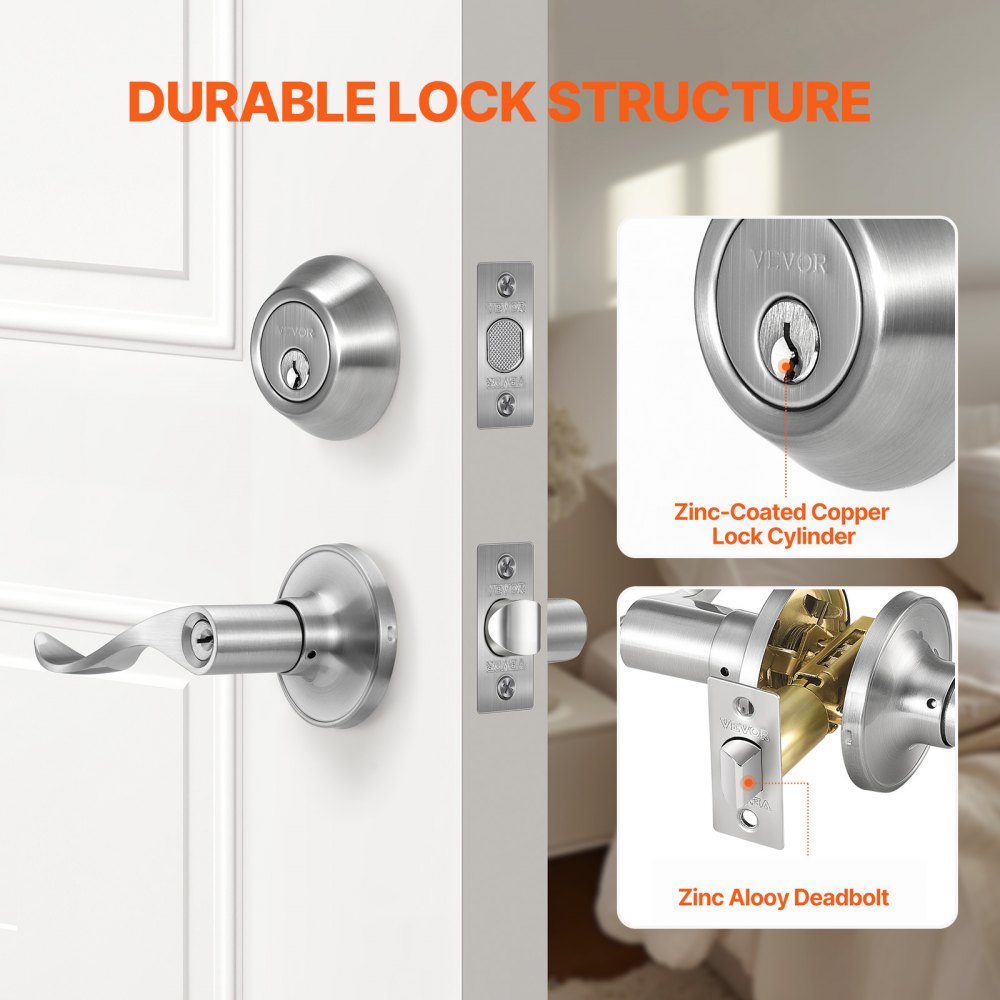 VEVOR Entry Door Locksets with Deadbolt, 5 Pack Satin Nickel Entry Lever and Single Cylinder Deadbolt, Keyed Alike Combo Pack, Fit for 1-3/8" to 1-3/4" Door Thickness, for Entrance and Front Door