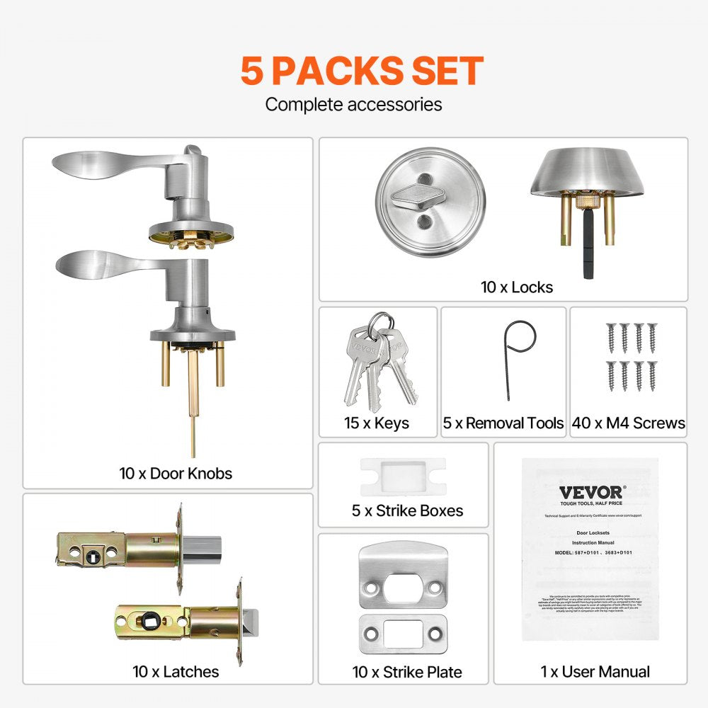 VEVOR Entry Door Locksets with Deadbolt, 5 Pack Satin Nickel Entry Lever and Single Cylinder Deadbolt, Keyed Alike Combo Pack, Fit for 1-3/8" to 1-3/4" Door Thickness, for Entrance and Front Door