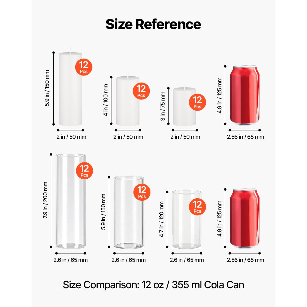 VEVOR Pillar Candles and Glass Vases Set 72 Pcs, Clear Cylinder Hurricane Candle Holders for Wedding Centerpieces, Tall Vase for Table Decor, Wedding Party, Thanksgiving,White (2.56" x 4.7",5.9",7.9")