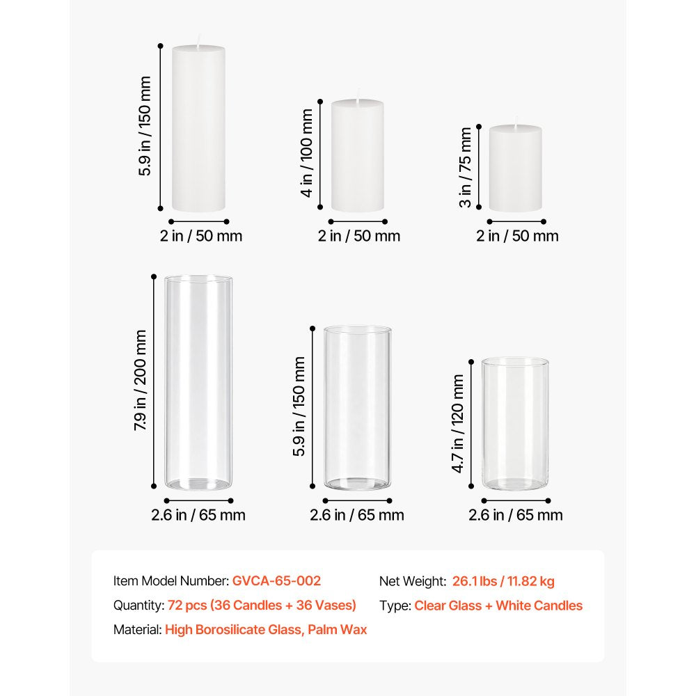 VEVOR Pillar Candles and Glass Vases Set 72 Pcs, Clear Cylinder Hurricane Candle Holders for Wedding Centerpieces, Tall Vase for Table Decor, Wedding Party, Thanksgiving,White (2.56" x 4.7",5.9",7.9")