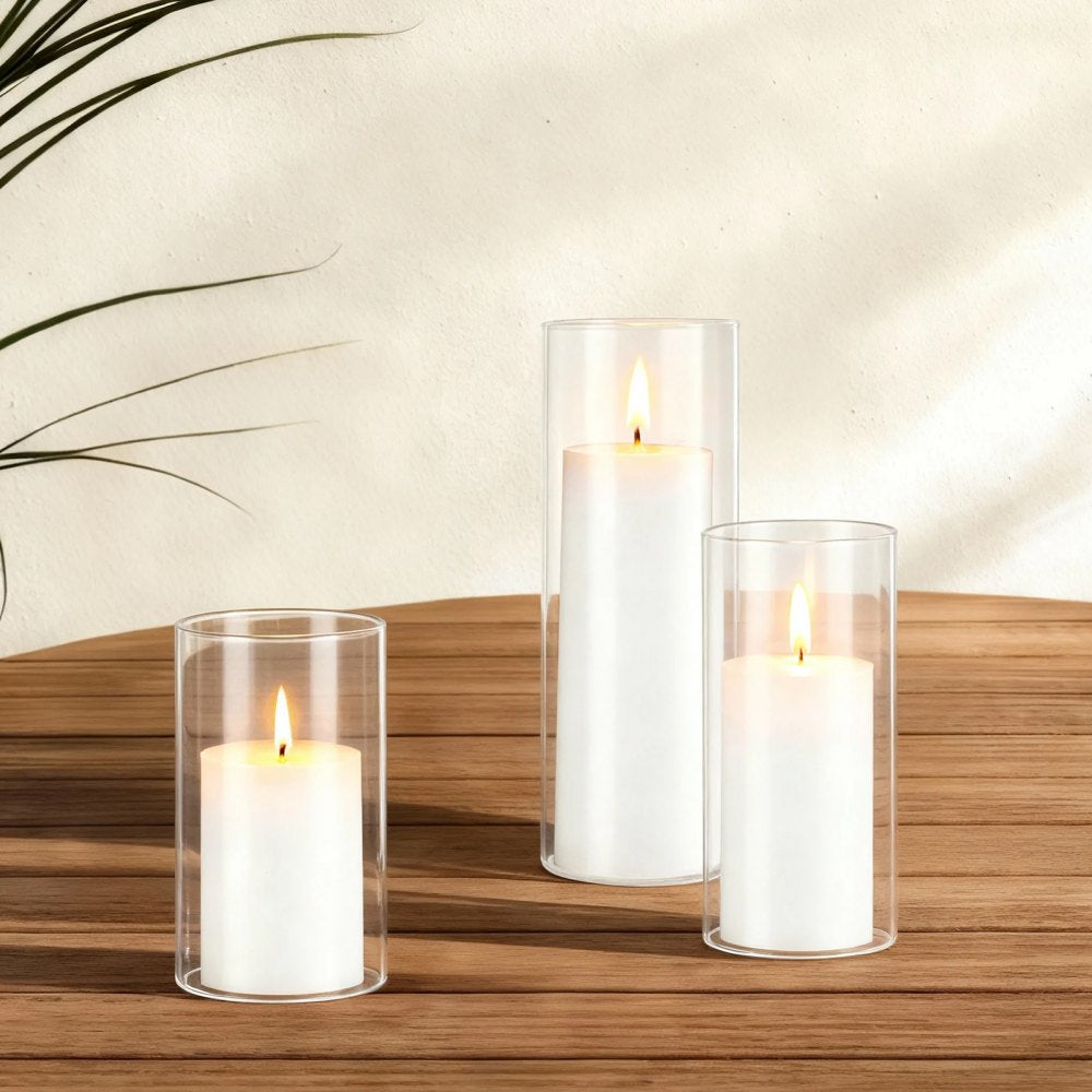 VEVOR Pillar Candles and Glass Vases Set 72 Pcs, Clear Cylinder Hurricane Candle Holders for Wedding Centerpieces, Tall Vase for Table Decor, Wedding Party, Thanksgiving,White (2.56" x 4.7",5.9",7.9")
