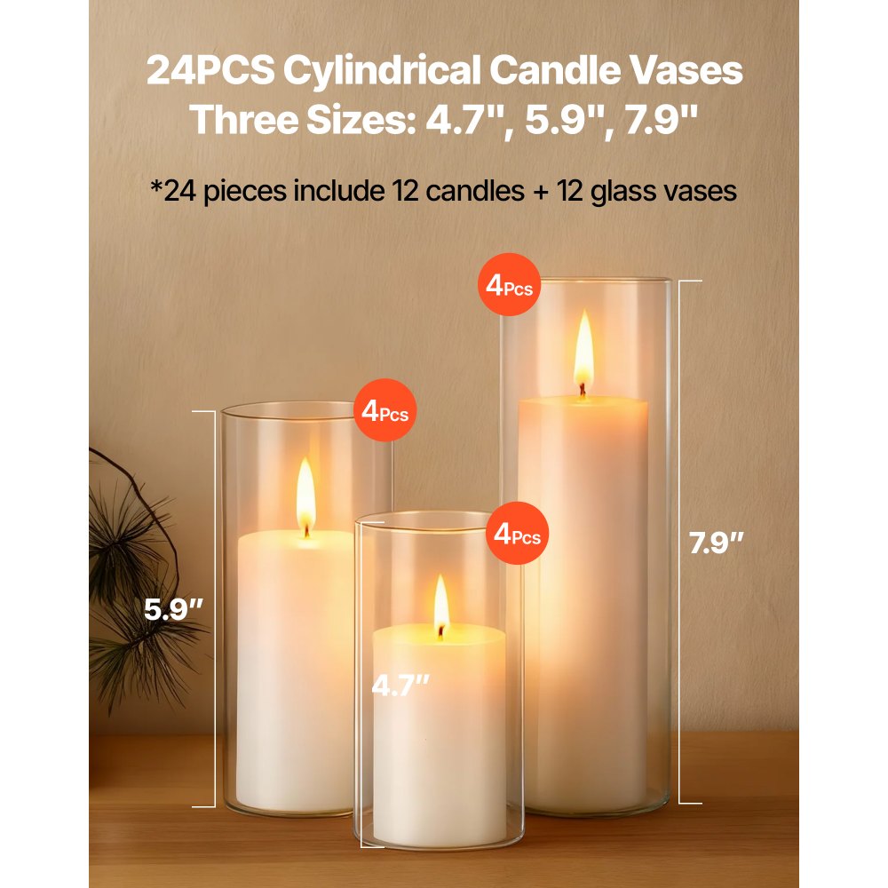 VEVOR Pillar Candles and Glass Vases Set 24 Pcs, Clear Cylinder Hurricane Candle Holders for Wedding Centerpieces, Tall Vase for Table Decor, Wedding Party, Thanksgiving,White (2.56" x 4.7",5.9",7.9")
