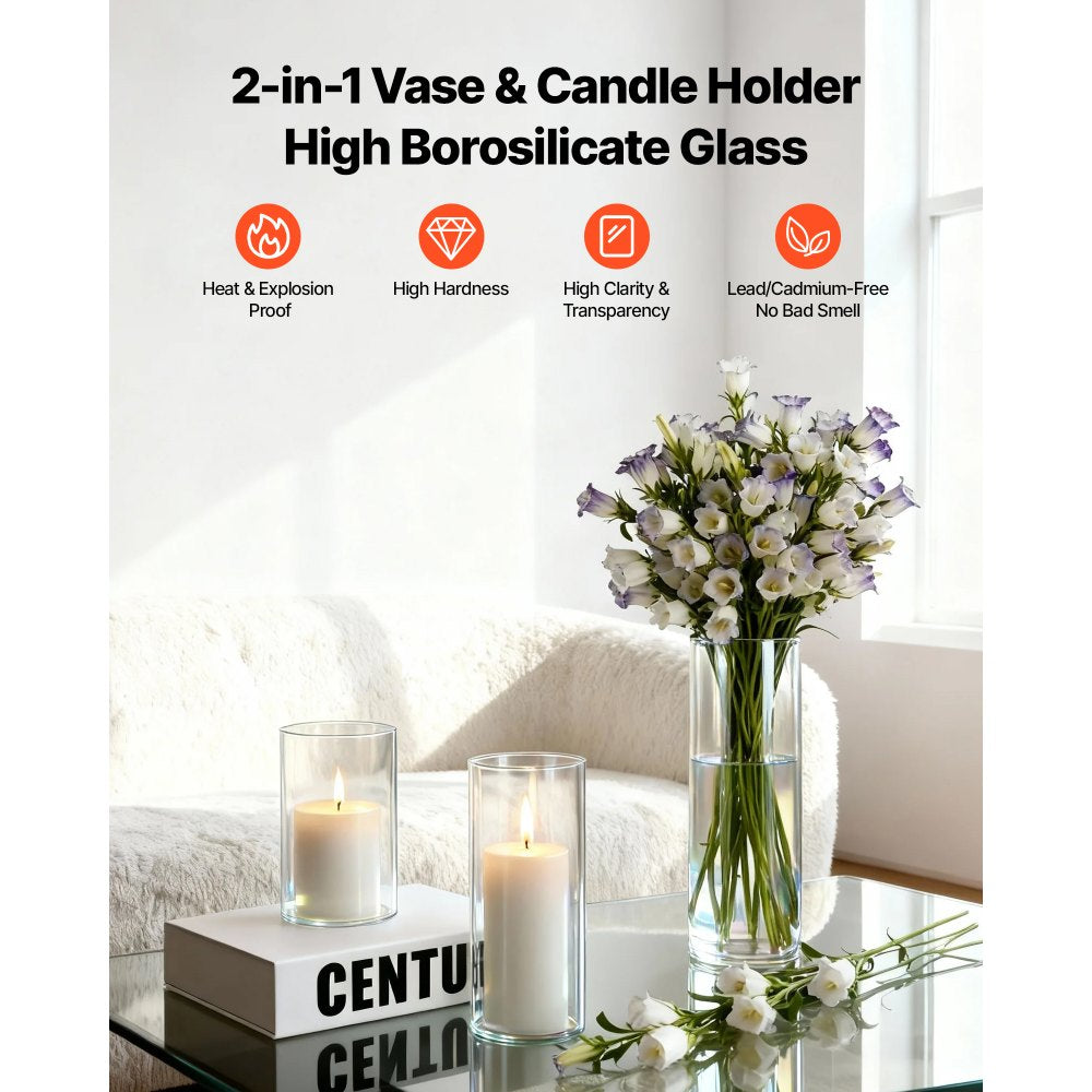 VEVOR Pillar Candles and Glass Vases Set 24 Pcs, Clear Cylinder Hurricane Candle Holders for Wedding Centerpieces, Tall Vase for Table Decor, Wedding Party, Thanksgiving,White (2.56" x 4.7",5.9",7.9")
