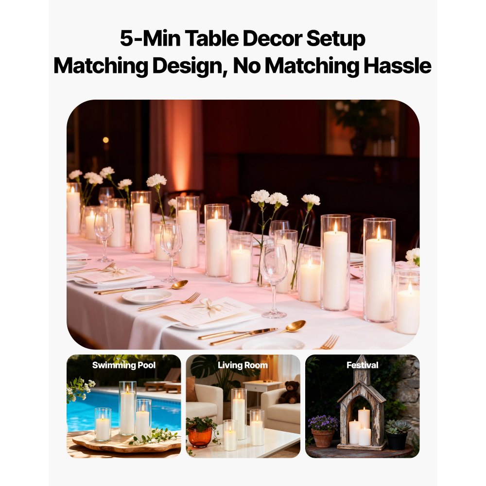 VEVOR Pillar Candles and Glass Vases Set 24 Pcs, Clear Cylinder Hurricane Candle Holders for Wedding Centerpieces, Tall Vase for Table Decor, Wedding Party, Thanksgiving,White (2.56" x 4.7",5.9",7.9")