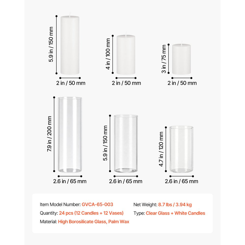 VEVOR Pillar Candles and Glass Vases Set 24 Pcs, Clear Cylinder Hurricane Candle Holders for Wedding Centerpieces, Tall Vase for Table Decor, Wedding Party, Thanksgiving,White (2.56" x 4.7",5.9",7.9")