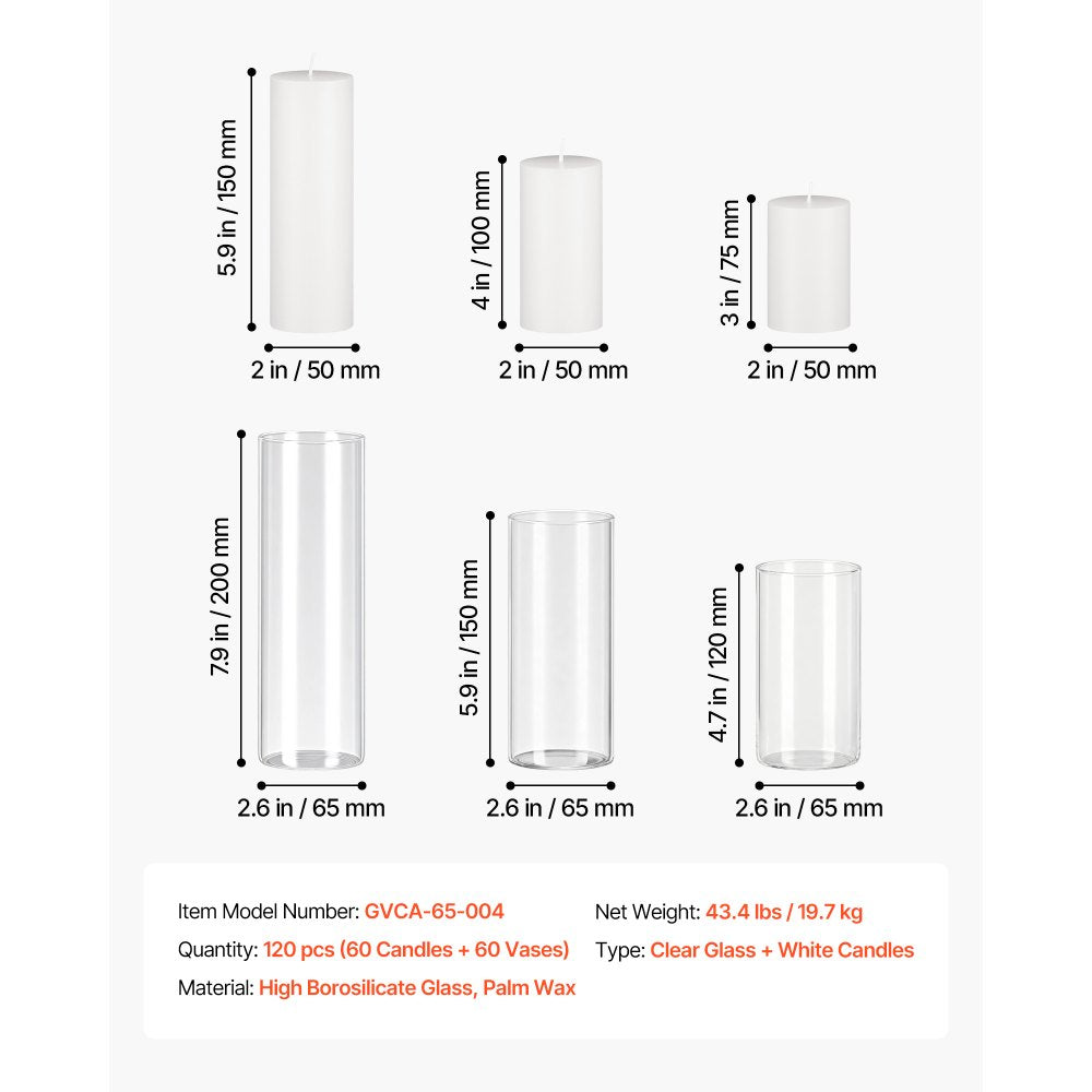 VEVOR Pillar Candles and Glass Vases Set 120 Pcs, Clear Cylinder Hurricane Candle Holders for Wedding Centerpieces, Tall Vase for Table Decor, Wedding Party,Thanksgiving,White (2.56" x 4.7",5.9",7.9")