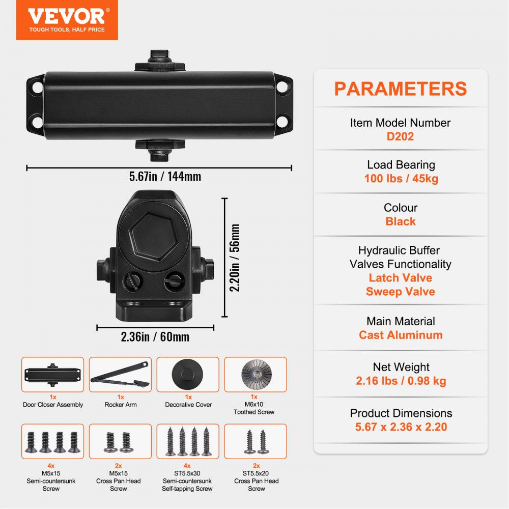 VEVOR Door Closer, Automatic Door Closer Commercial or Residential Use for Door Weights 100 Lbs, Adjustable Size Hydraulic Buffer Door Closers Heavy Duty Cast Aluminum Body, Easy Install, Black