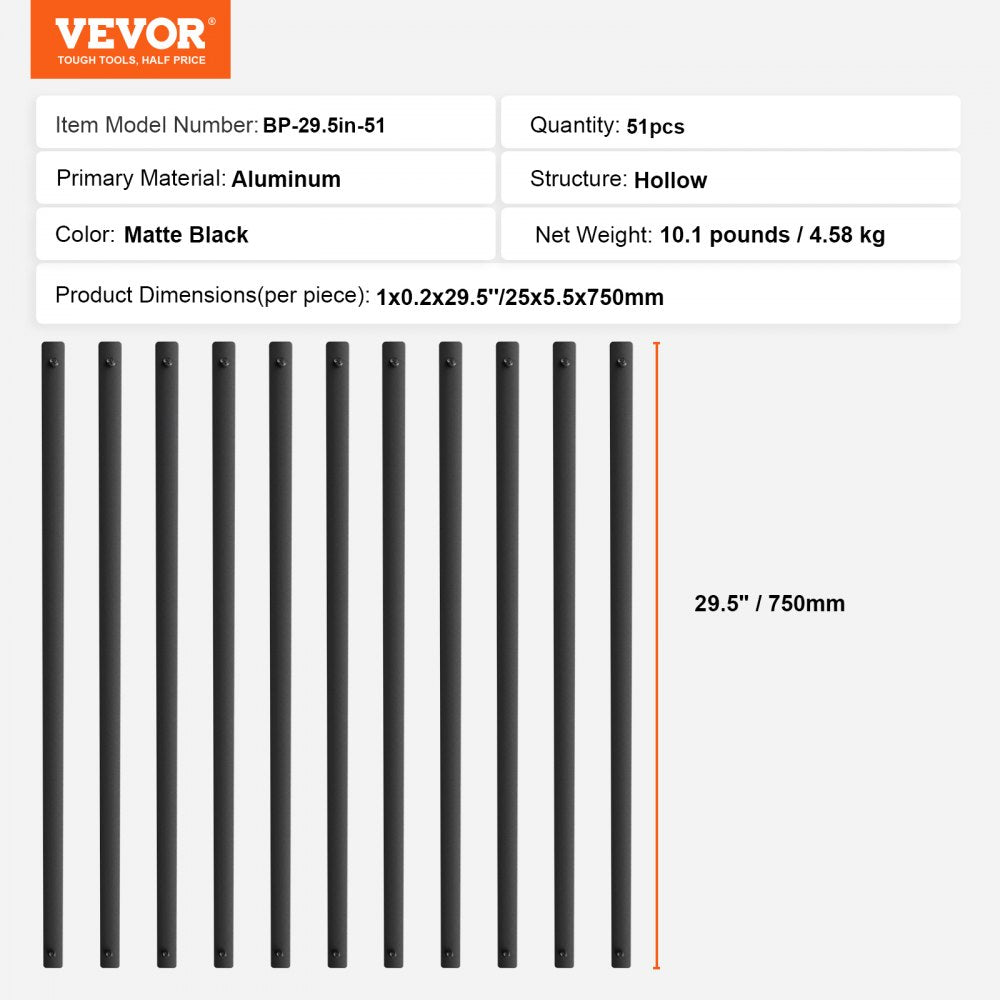 VEVOR Staircase Metal Balusters, 29.5'' x 1'' Flat Aluminum Alloy Decorative Banister Spindles, 51 Pack Deck Baluster with Screws, Classic Hollow Deck Railing Satin Black Powder Coated for Porch
