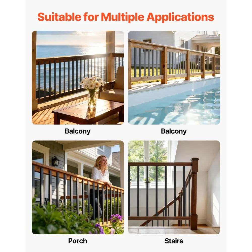VEVOR 61 Pack Deck Balusters, 29.5 in Galvanized Steel Railing Spindles, Hollow Rectangle Metal Decking Stair Balusters with Pre-Drilled Hole, End Caps, Screws, for Deck, Porch & Stair Railing, Black