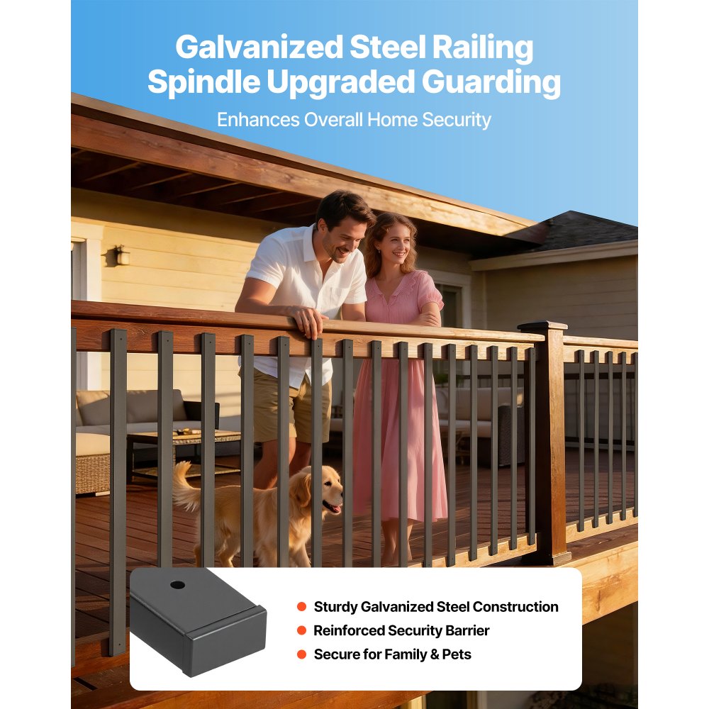 VEVOR 61 Pack Deck Balusters, 36 in Galvanized Steel Railing Spindles, Hollow Rectangle Metal Decking Stair Balusters with Pre-Drilled Hole, End Caps, Screws, for Deck, Porch & Stair Railing, Black