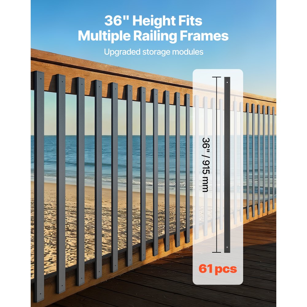 VEVOR 61 Pack Deck Balusters, 36 in Galvanized Steel Railing Spindles, Hollow Rectangle Metal Decking Stair Balusters with Pre-Drilled Hole, End Caps, Screws, for Deck, Porch & Stair Railing, Black
