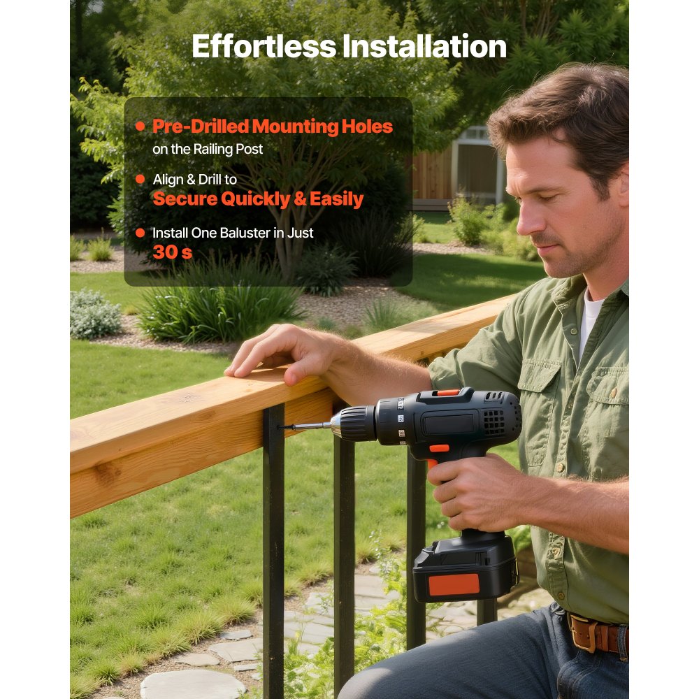 VEVOR 61 Pack Deck Balusters, 36 in Galvanized Steel Railing Spindles, Hollow Rectangle Metal Decking Stair Balusters with Pre-Drilled Hole, End Caps, Screws, for Deck, Porch & Stair Railing, Black