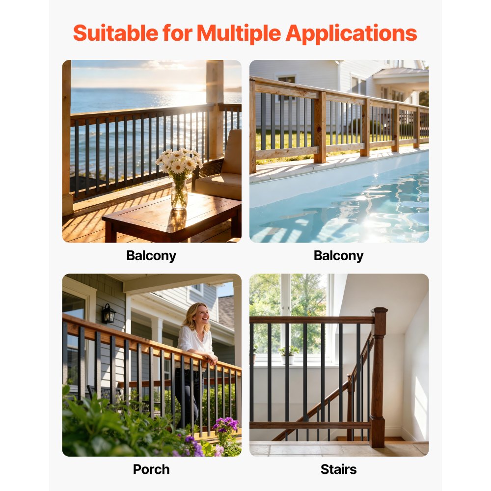 VEVOR 61 Pack Deck Balusters, 36 in Galvanized Steel Railing Spindles, Hollow Rectangle Metal Decking Stair Balusters with Pre-Drilled Hole, End Caps, Screws, for Deck, Porch & Stair Railing, Black
