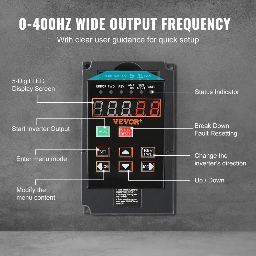 VEVOR VFD 1HP, 0.75KW, 3.5A, 1 or 3 Phase 220V Input to 3 Phase 220V Output Variable Frequency Drive, 40-60Hz Input, 0-400Hz Output VFD for Spindle Motor CNC Speed Control
