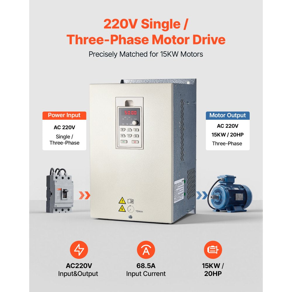 VEVOR 20HP 15KW 68.5A VFD, Single/3-Phase 220V Input to 3-Phase 220V Output, 0–2000Hz Variable Frequency Drive, Built-in PID for Constant Pressure Water Supply, Precision Motor Speed Control