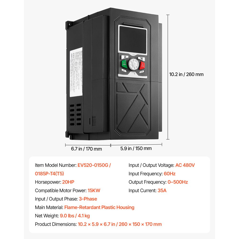 VEVOR 20HP 15KW 35A Variable Frequency Drive, 3-Phase AC480V Input/Output, 3 Phase to 3 Phase, 0–500Hz Output VFD, V/F SVC Control Modes for Precision Motor Speed Control