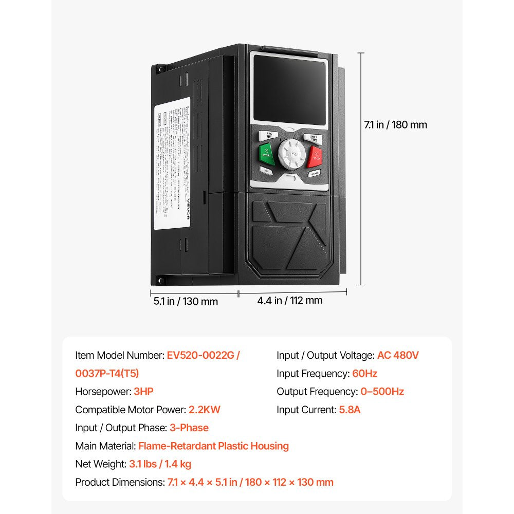 VEVOR 3HP 2.2KW 5.8A Variable Frequency Drive, 3-Phase AC480V Input/Output, 3 Phase to 3 Phase, 0–500Hz Output VFD, V/F SVC Control Modes for Precision Motor Speed Control