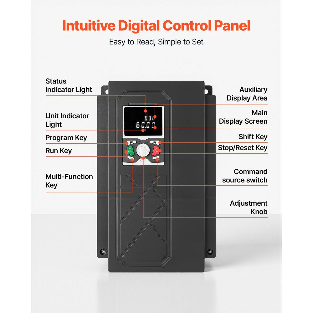 VEVOR 40HP 30KW 62A Variable Frequency Drive, 3-Phase AC480V Input/Output, 3 Phase to 3 Phase, 0–500Hz Output VFD, V/F SVC Control Modes for Precision Motor Speed Control