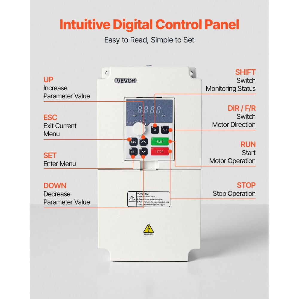 VEVOR 7.5HP 5.5KW 25A VFD, Single/3-Phase 220V Input to 3-Phase 220V Output, 0–2000Hz Variable Frequency Drive, Built-in PID for Constant Pressure Water Supply, Precision Motor Speed Control