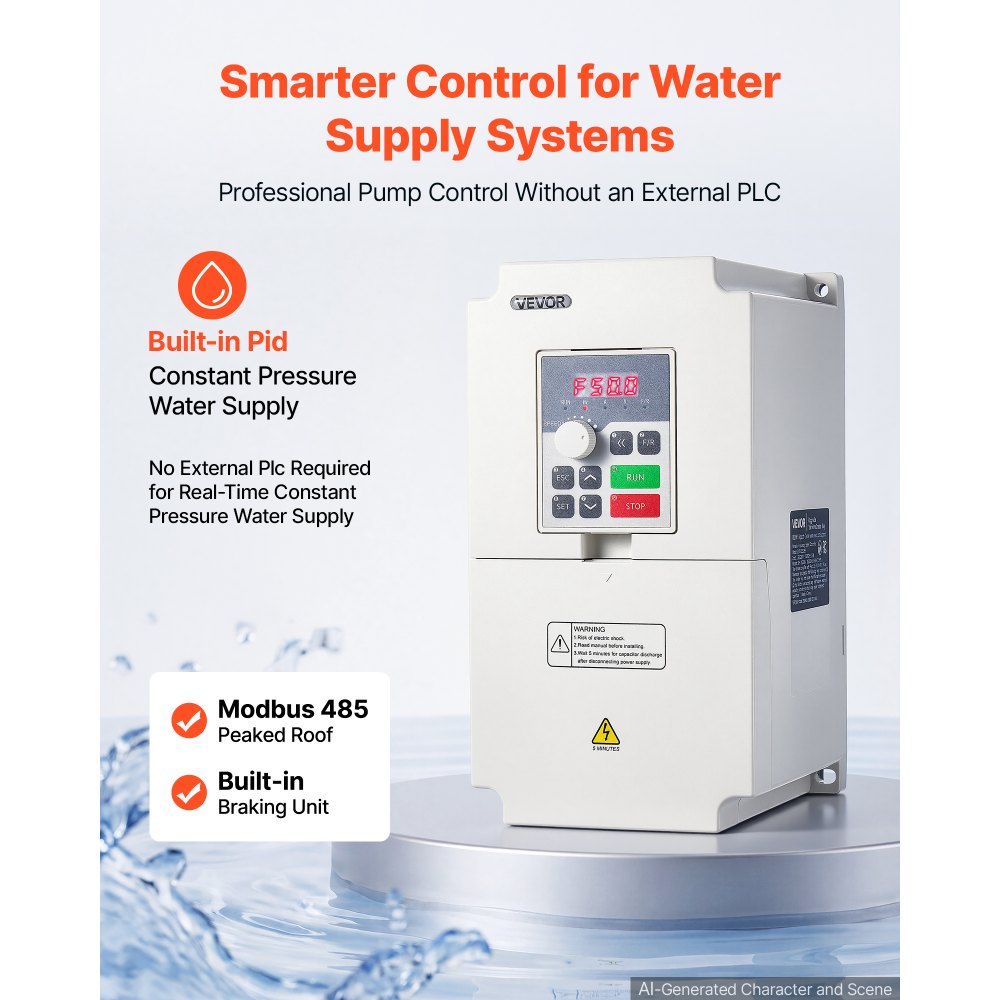 VEVOR 7.5HP 5.5KW 25A VFD, Single/3-Phase 220V Input to 3-Phase 220V Output, 0–2000Hz Variable Frequency Drive, Built-in PID for Constant Pressure Water Supply, Precision Motor Speed Control